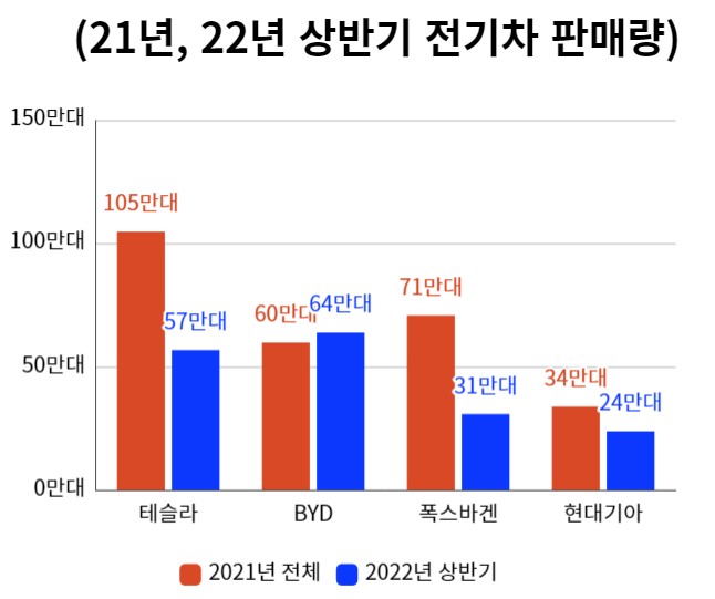 21년~22년 상반기 테슬라 판매량과 타전기차 회사들의 2021년 ~ 2022년 상반기 판매량 순위 그래프
